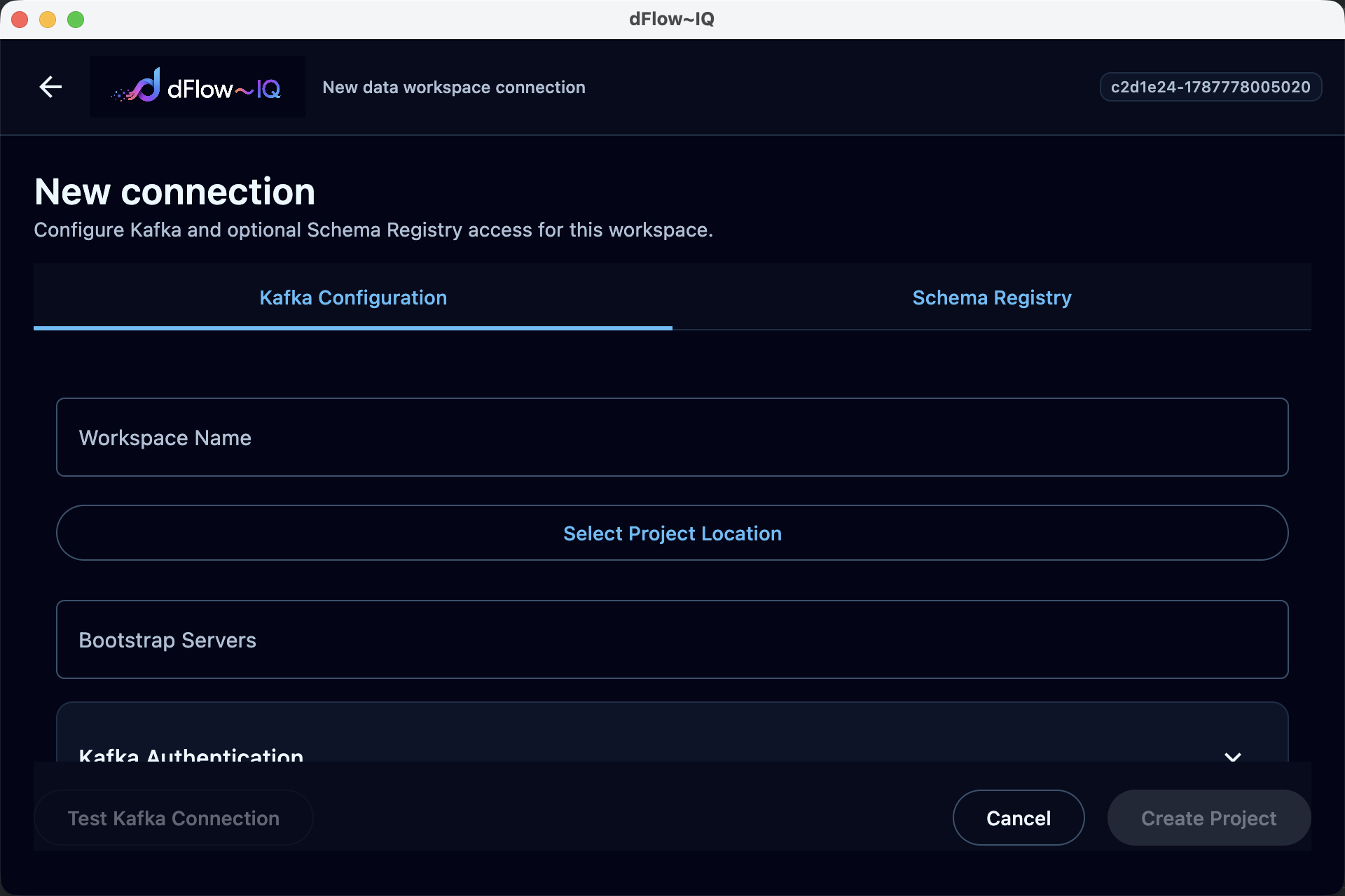 New connection screen with Kafka Configuration and Schema Registry tabs