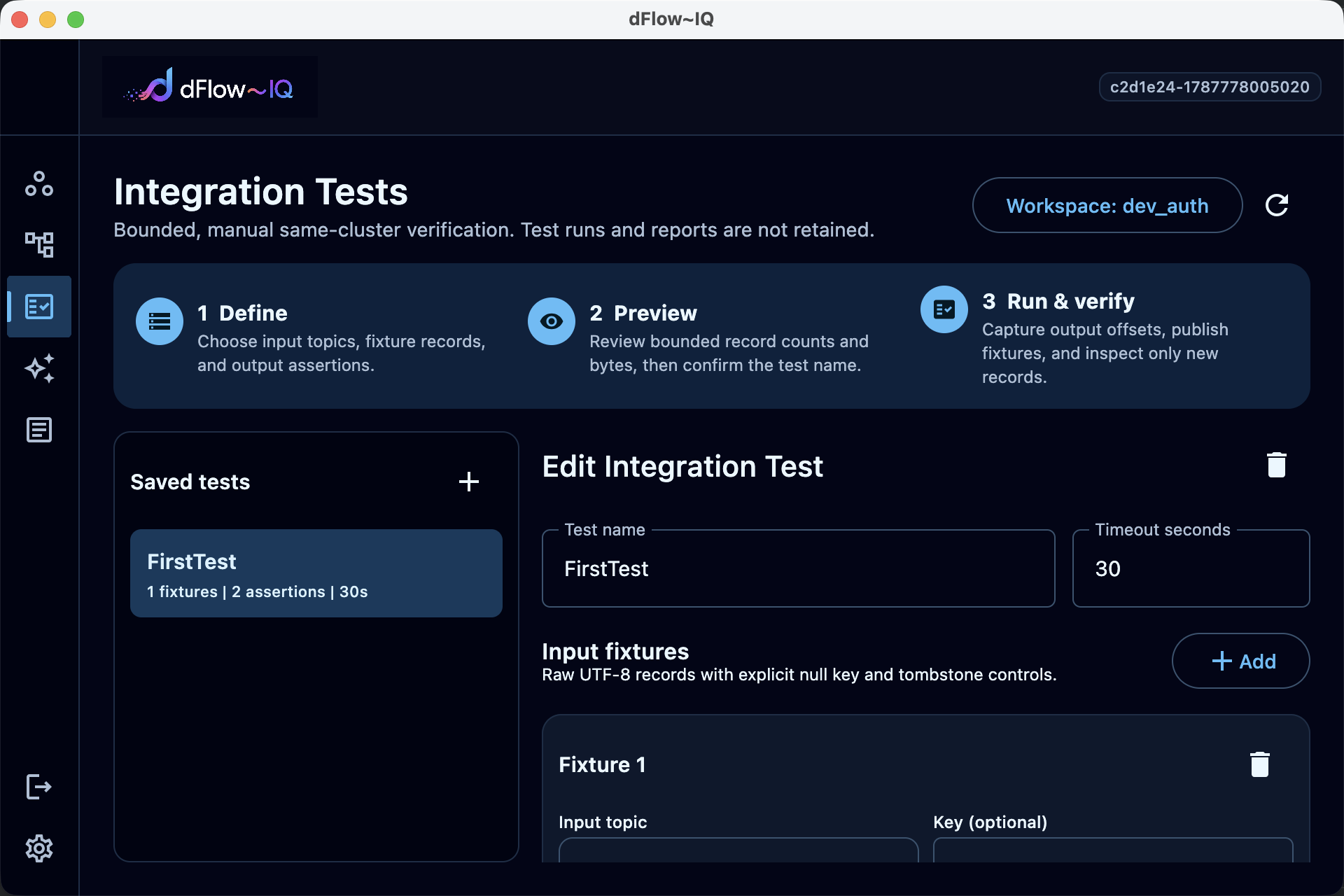 Integration test editor with a saved test, timeout, and input fixture configuration