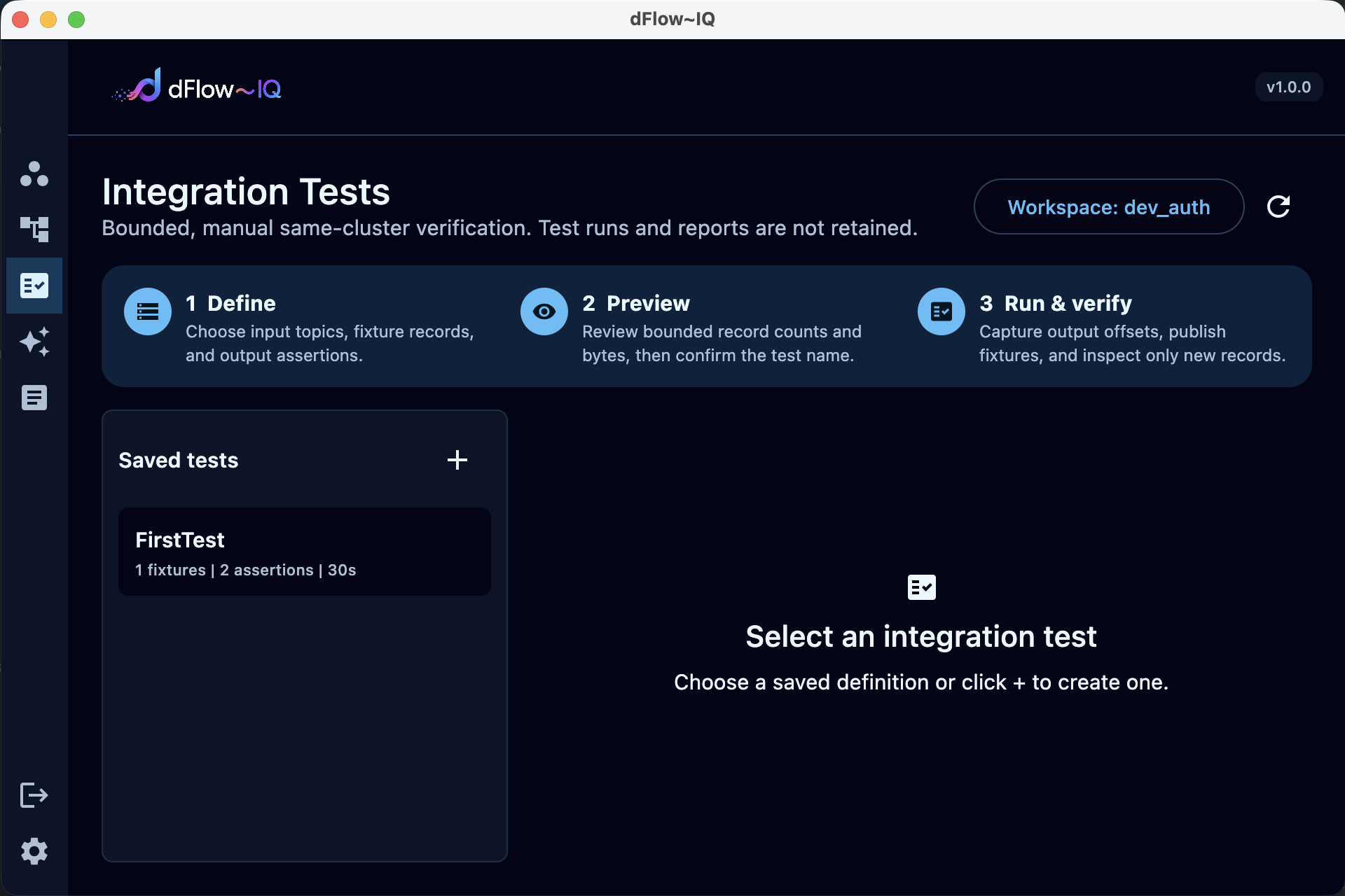 dFlow IQ Integration Tests screen showing a three-step define, preview, run and verify workflow