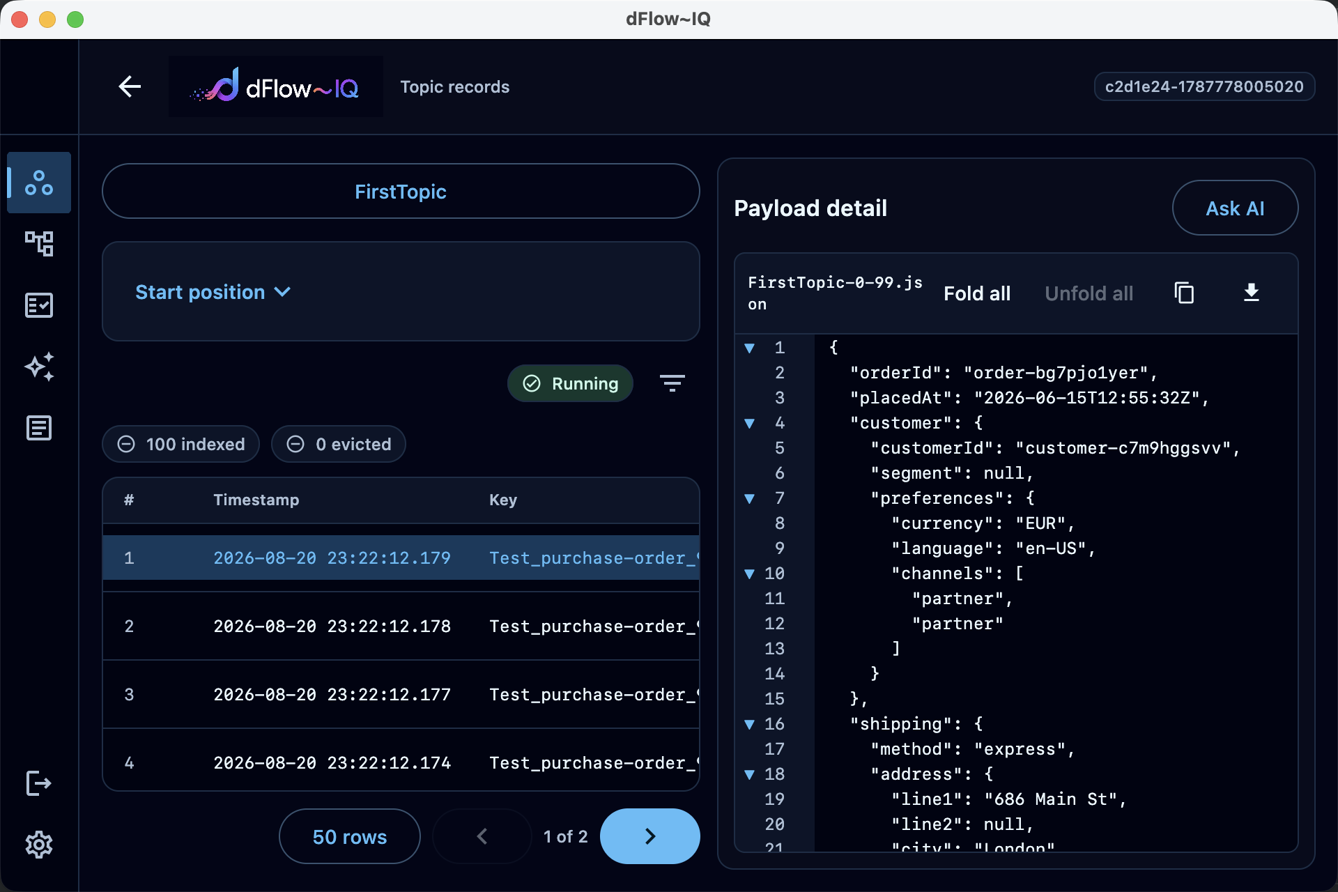Topic record browser with indexed record rows and JSON payload detail