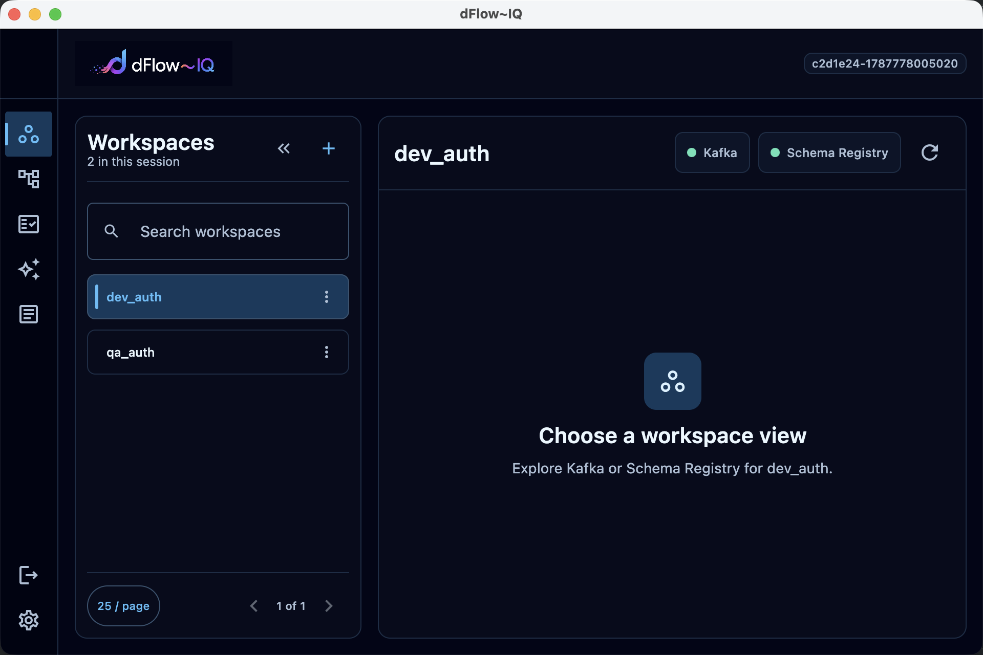 Workspace list with a selected connected workspace and Kafka and Schema Registry choices